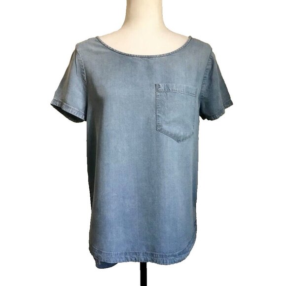 EXPRESS Short Sleeve Hi Lo Tunic Top Blouse Size Small Blue Lyocell Chambray - Picture 1 of 6